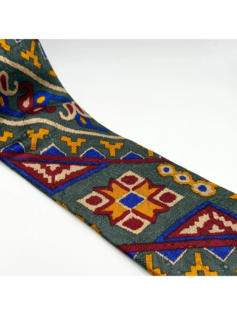 Vintage 90s Lands' End Green Silk Southwestern Kilim Necktie